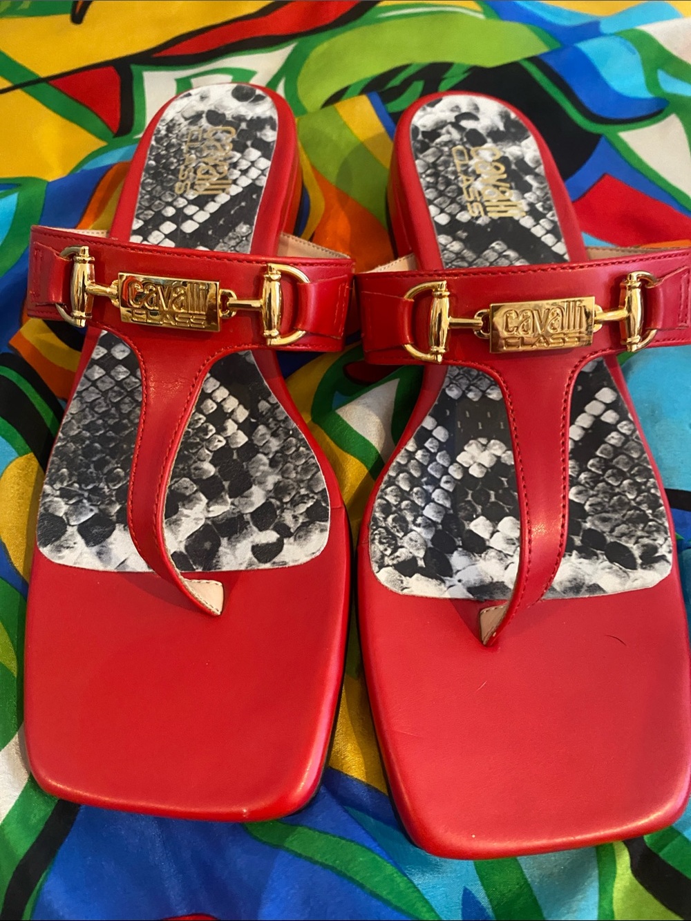 Red Leather Thong Sandals with Gold Hardware